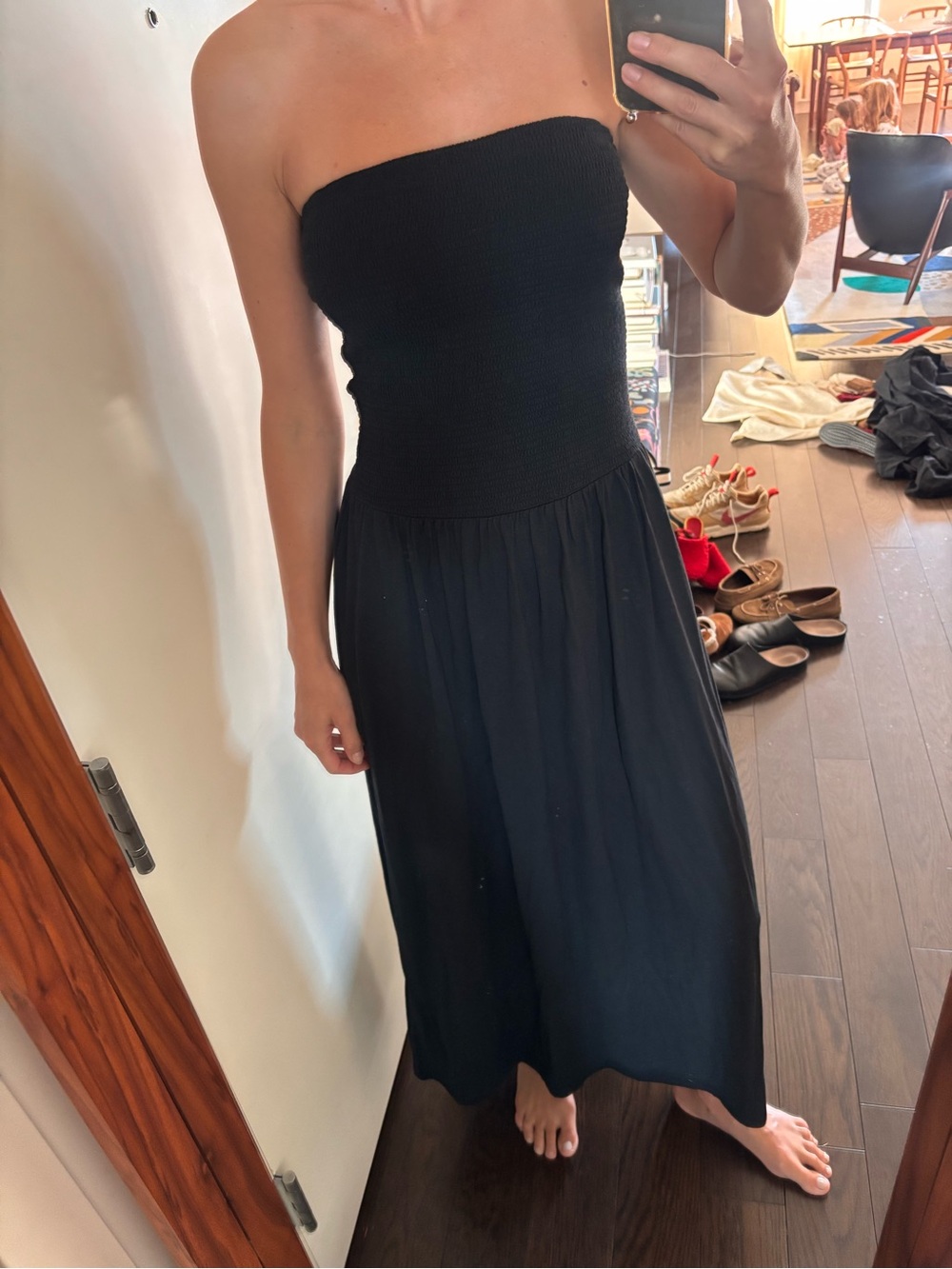 Classic Strapless Black Smocked Bodice Midi Dress